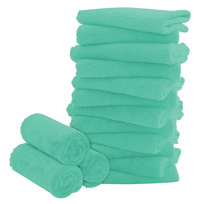 16 Pack Baby Washcloths - 10x10 Inch, Coral Fleece - Extra Absorbent and Soft Wash Clothes for Newborns, Infants and Toddlers - Suitable for Sensitive Skin and New Born - Baby Shower - Aqua Green