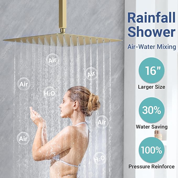 Thermostatic Dual Shower System with 4-Inch Body Jets, Ceiling 16" Rainfall Shower & Wall Mount 6-Inch Shower Head, Brushed Gold Luxury Shower Faucet Set with Handheld Sprayer