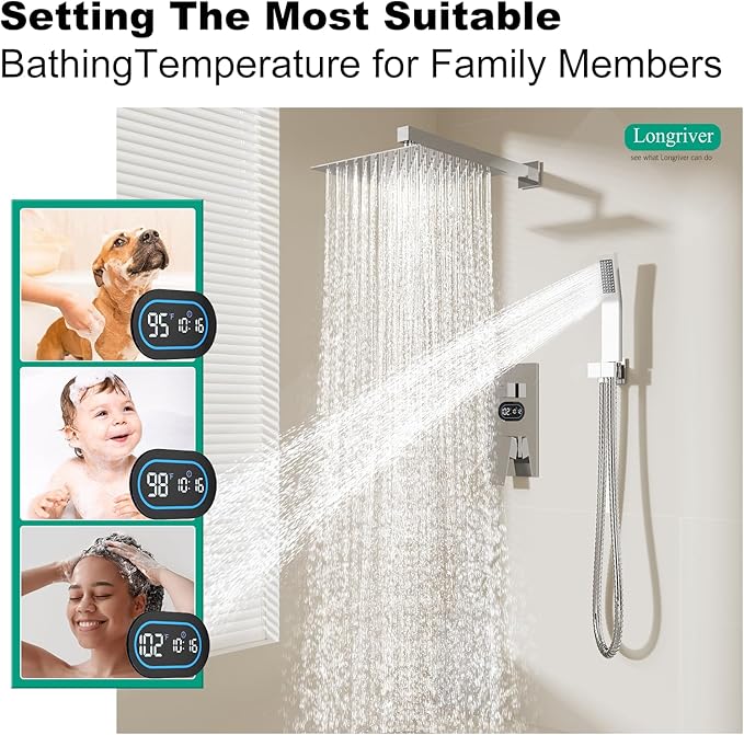 Shower Faucet Set with Hydro Power Temperature Display, Shower System Bathroom 12 Inches Shower Head with Handheld Spray, Wall Mounted Shower Fixtures with Shower Valve and Trim Kit, Polished Chrome