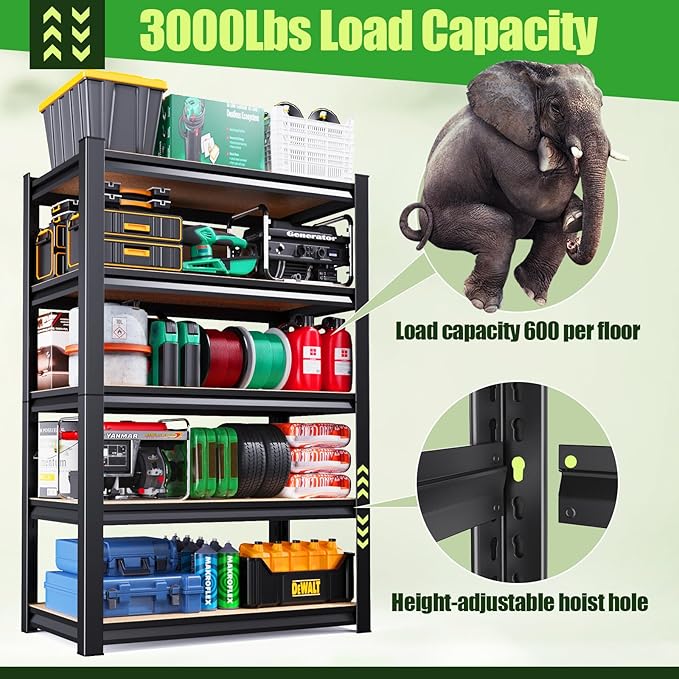 72" H*46" W Garage Shelving,Heavy Duty Garage Storage Shelves,Metal Shelving Unit,5 Tier Adjustable Steel Utility Shelf,Use for Basement,Warehouse, Pantry Closet,Black (72" H*46" W*19.7" D)