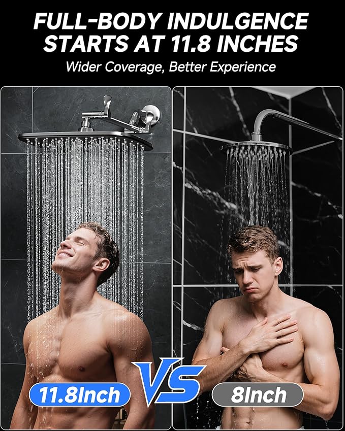 Veken 11.8" Rain Shower Head, Rectangular Rainfall Showerhead with 11" Stainless Steel Exension Arm, Height & Angle Decor Adjustable, High Pressure Shower Heads, Bathroom Accessories, Chrome