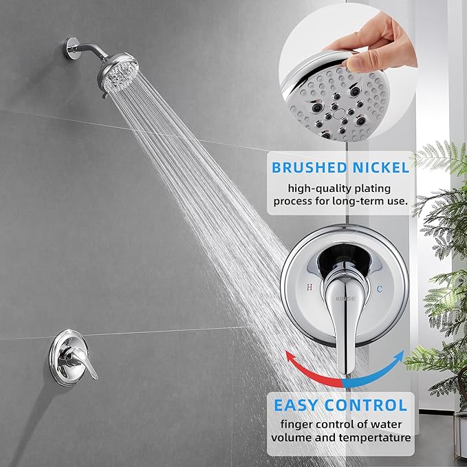 KINSE 5- Inches Shower head, Shower Faucet Set, shower kit with valve and shower head，Brass valve and stainless steel kits，Without tub spout (Chrome)