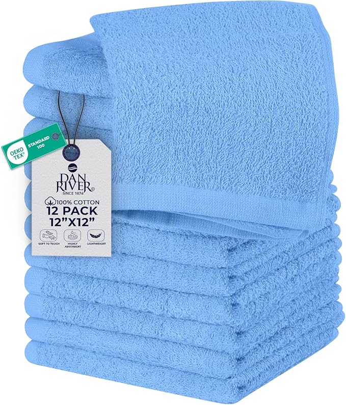 DAN RIVER 12 Pack Wash Cloths for Showering [12x12] - 100% Cotton Washcloths Premium Quality Flannel Face Cloths for Bathroom, Highly Absorbent and Soft Feel Wash Clothes, M Blue