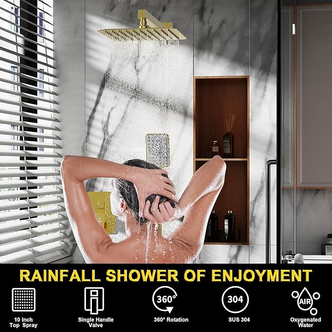 Shower System 10IN Modern Rain Brass Faucet Set With Valve and Diverter Shower Mixer With Handheld High Pressure Square Rainfall Shower Valve (10'' Wall Mount, Brushed Gold)