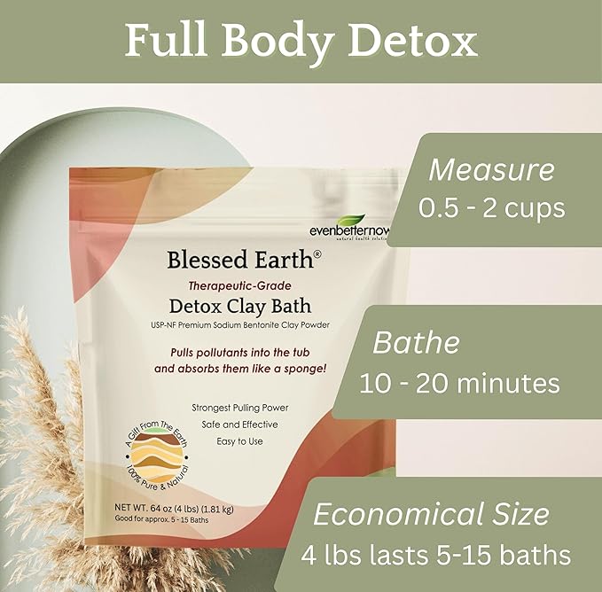 Blessed Earth Detox Clay Bath, 100% Pure Sodium Bentonite Therapeutic Grade – Cleansing and Purifying, by Evenbetternow LLC, 4 lb (64 oz)