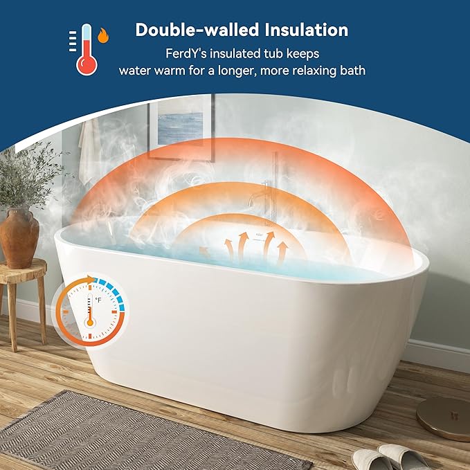 FerdY 67" Bali Acrylic Freestanding Bathtub, Gracefully Shaped Freestanding Soaking Bathtub, cUPC Certified, Toe-Tap Matte Black Drain and Minimalist Linear Design Overflow Included