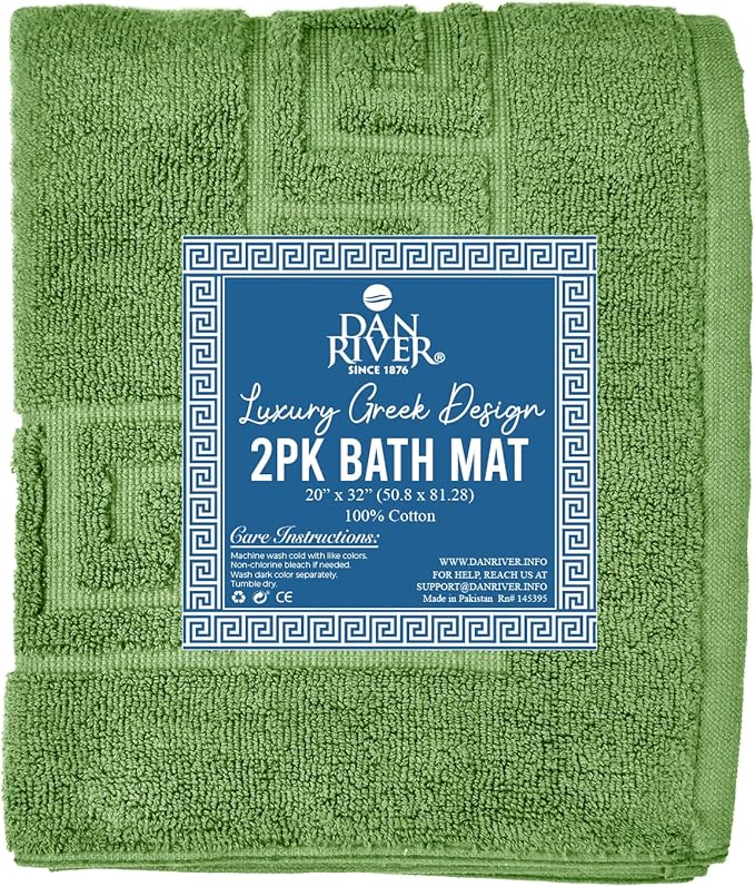 DAN RIVER Greek Cotton Bath Mats Set of 2 – Not a Bathroom Rug, Ultra Soft, Highly Absorbent & Machine Washable Bath Mat Towel for Bathroom Floor Mat – Durable, Quick-Dry, 21x34 Inches, Sage Green