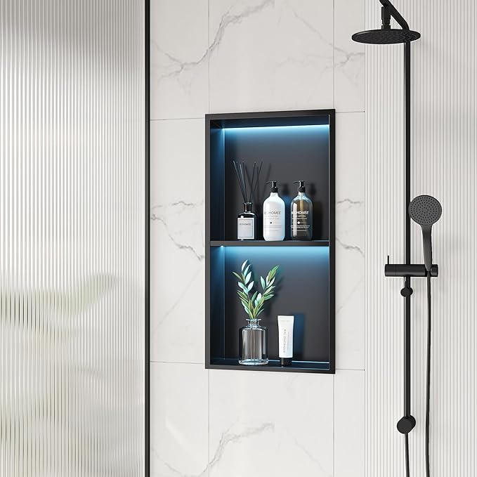 2-Tiers 12x24 Shower Niche, RGB LED Light Strips, Matte Black Wall Cabinet Shlef, Stainless Steel NO Tile Needed Recessed Wall Niche for Bathroom Storage Organizer