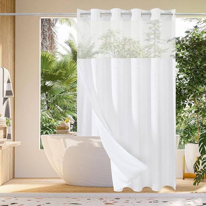 Gibelle No Hook Waffle Weave Shower Curtain with Snap-in Fabric Liner Set for Bathroom, Hotel Style with Mesh Top Window, Waterproof & Washable, White, 72x74