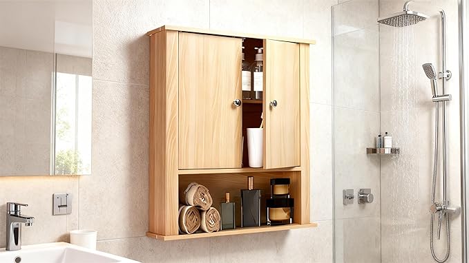 Bathroom Cabinet Wall Mount, Over The Toilet Storage Cabinet, Medicine Cabinet with 2 Doors, Bathroom Storage Cabinet, Upper Storage Cabinets for Kitchen Laundry Room (Nature)