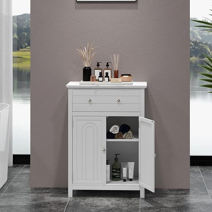 LOKO Bathroom Floor Cabinet, Kitchen Storage Cabinet with 1 Drawer, 2 Doors & 3-Position Adjustable Shelf, 2-Door Floor Storage Cabinet for Bathroom, Living Room, Entryway (White)