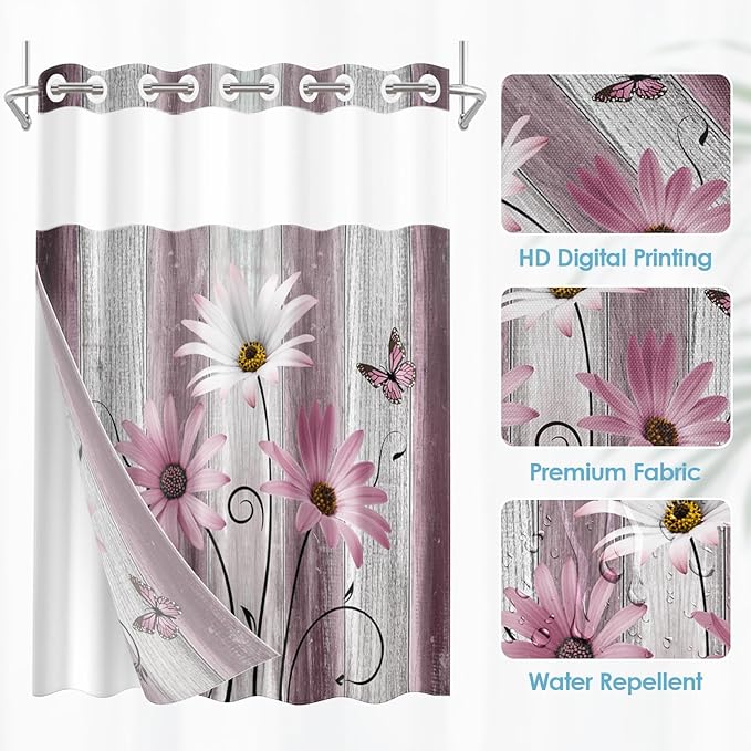 No Hook Flower Daisy Shower Curtain with Snap in Fabric Liner Set, Pink Rustic Farmhouse Double Layers Waterproof Fabric with See Through Top Window Open Grommet Bath Curtain 71x74 Inch
