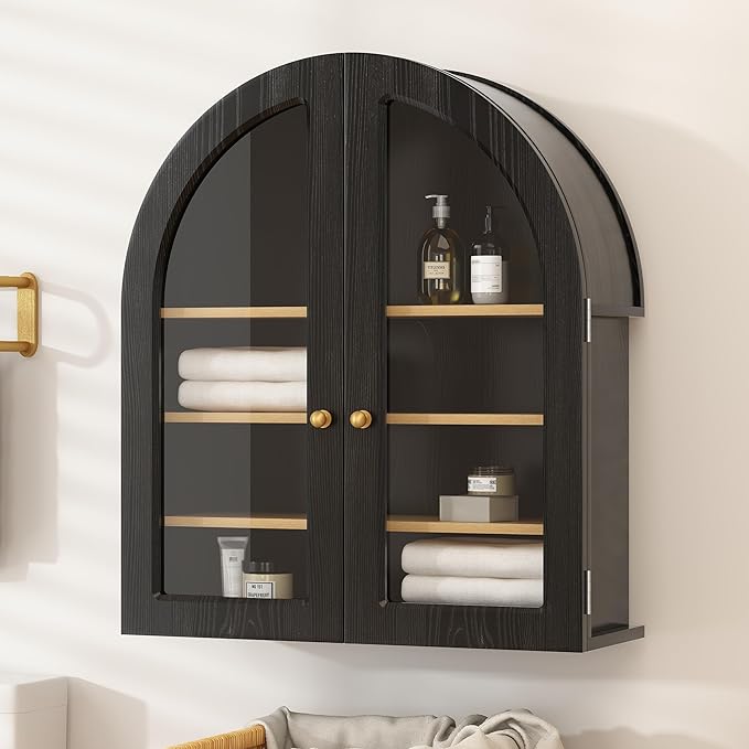 Large Arched Bathroom Wall Cabinet Modern Wooden Display Cabinet with Acrylic Doors Farmhouse Wall Mounted Cupboard Storage Organizer for Laundry Room, Dining Room, Black