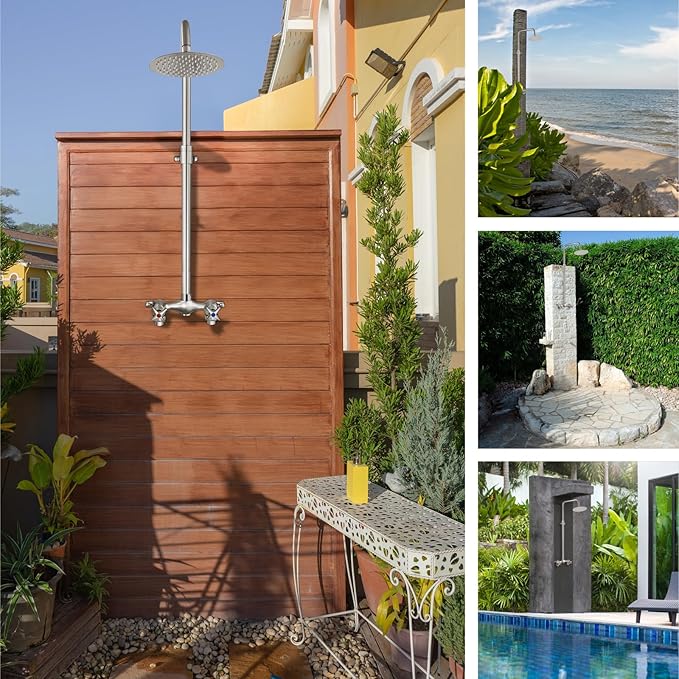 Aolemi Outdoor Shower Kit Outdoor Shower Fixtures Faucet System Double Handle Exposed Shower with 8 Inch Rainfall Shower Head Adjustable Height Shower Pipe 6 Inch Center Brushed Nickel