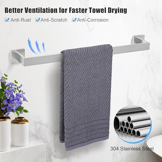 TURS 10-Piece Bathroom Hardware Accessories Set Brushed Nickel Towel Bar Holder Set SUS304 Stainless Steel Towel Racks for Bathroom Wall Mounted, 23.6-Inch