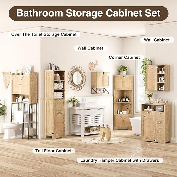 67''H Tall Corner Cabinet with Handmade Rattan Door, Rattan Storage Cabinet with Adjustable Shelves, Corner Bookshelf Space Saver for Barthroom, Kitchen, Natural