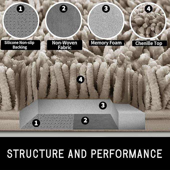 Yimobra Toilet Rugs U Shaped Washable, Extra Thick Soft Absorbent Chenille Contour Bathroom Rugs for Toilet 24x20 Inch, Quick Dry Non Slip Toilet Mat for Bath Floor, Light Brown