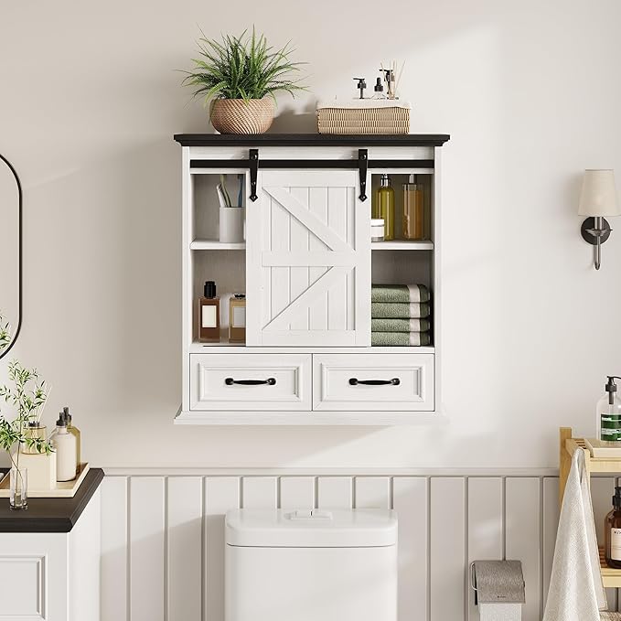 Bathroom Wall Storage Cabinet with 2 Drawers, White Floating Wall Mounted Medicine Cabinet with Sliding Door & Adjustable Shelves, Over The Toilet for Bathroom, Laundry Room, Kitchen