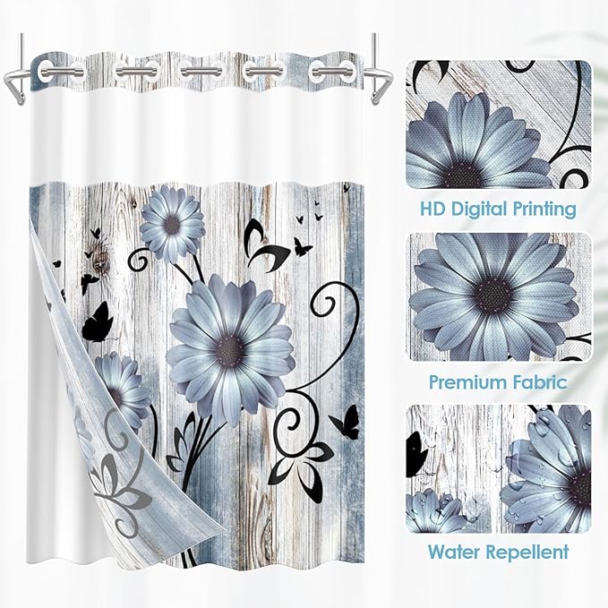 No Hook Blue Flower Shower Curtain with Snap in Fabric Liner Set, Daisy Rustic Farmhouse Double Layers Waterproof Fabric with See Through Top Window Open Grommet Bath Curtain 71x74 Inch
