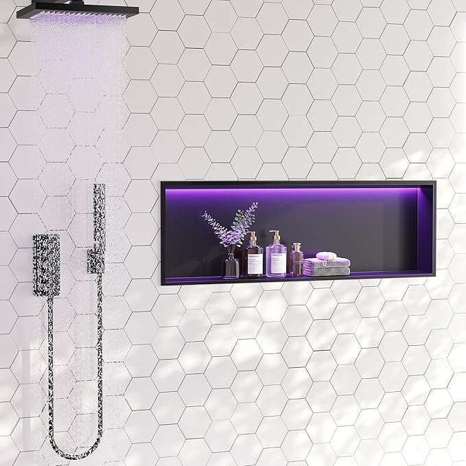 RGB LED Light Shower Niche, Matte Black 36X12 in Stainless Steel Wall Niche with Remote Control, Waterproof No Tile Needed Wall Niche for Bathroom Storage Over Mount Installation