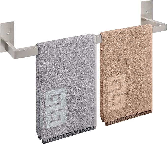 NearMoon Self Adhesive Bathroom Towel Bar, Stainless Steel Square Bath Wall Shelf Rack Hanging Towel Stick On Sticky Hanger Contemporary Style, Towel Rack Wall Mounted (24 Inch, Brushed Nickel)