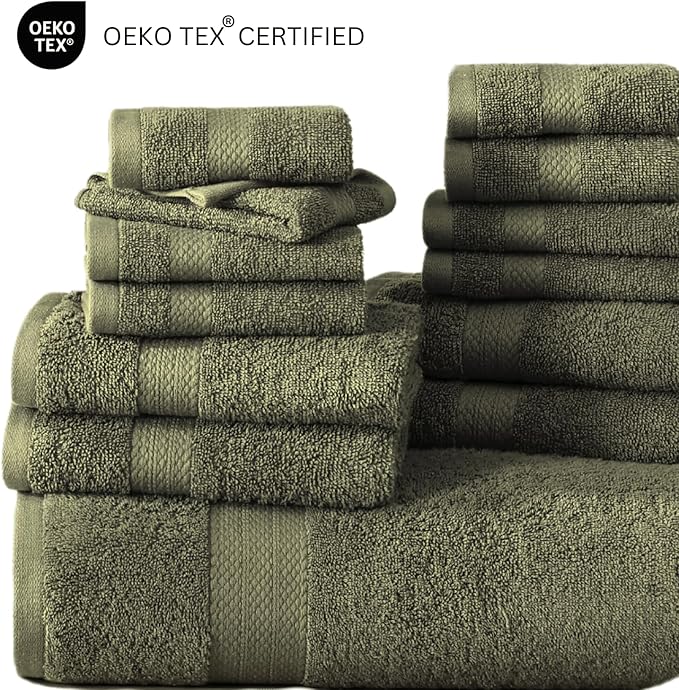 LANE LINEN 100% Cotton Luxury Towel Set for Bathroom - 18 Pieces, Ring Spun - Plush, Soft & Highly Absorbent - 4 Shower Towels, 8 Washcloths, 6 Hand Towels - Complete Bathroom Towel Set - Oil Green
