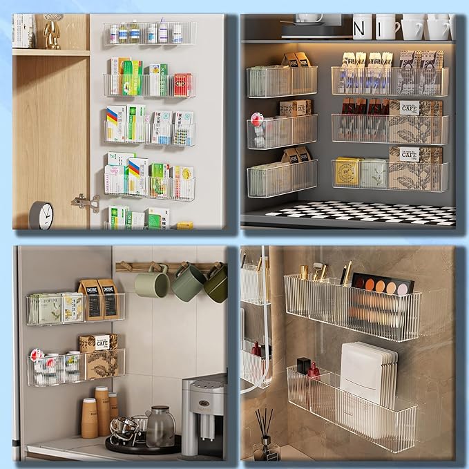 2 Pack Bathroom Makeup Organizer Wall Mount Clear Bathroom Organizers and Storage with 3 Compartments Plastic Storage Organizer Bins Floating Shelves for Wall, Narrow Space, Office, Bedroom 14''Length