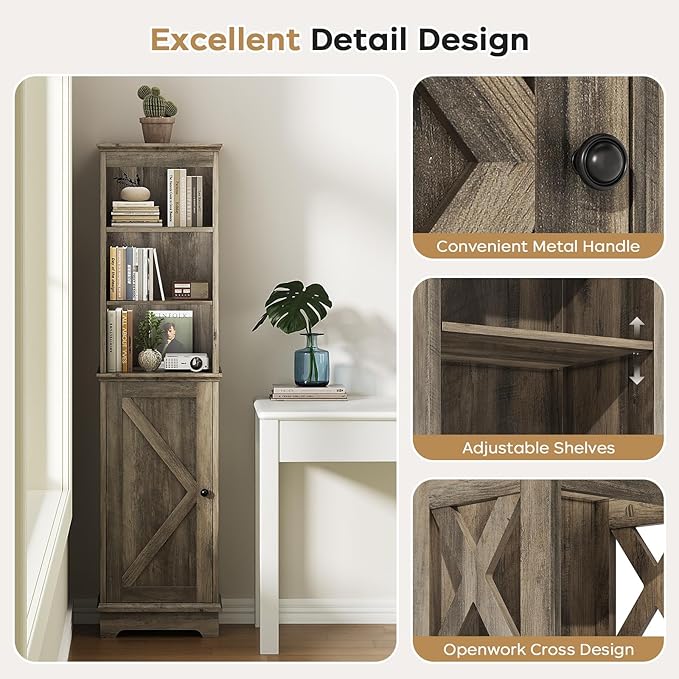 Narrow Bathroom Storage Cabinet with Door and Open Adjustable Shelves, 60.9" H Wooden Tall Tower Corner Farmhouse Cabinet, Freestanding Organizer for Kitchen, Entryway Grey