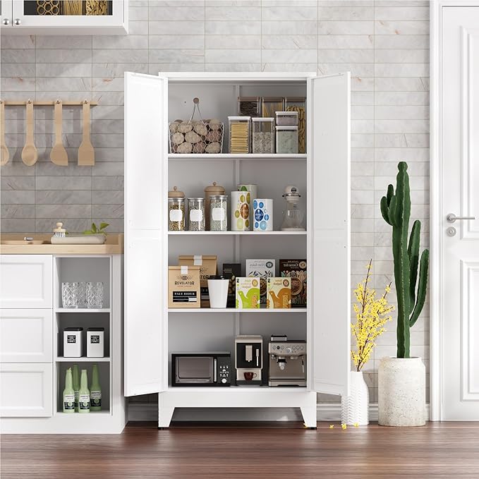61" Tall Metal Kitchen Pantry Storage Cabinet with Double Doors & 3 Adjustable Shelves, Freestanding Cupboard for Kitchen, Dining Room, Bathroom, White
