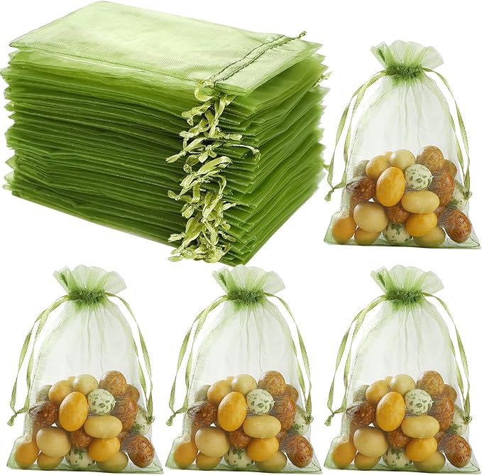 Hopttreely 100Pcs Organza Bags - 4 x 4.72 inch Candy Mesh Gift Bags, Olive Green Satin Drawstring Organza Pouches for Jewelry, Watch, Small Christmas Sachet