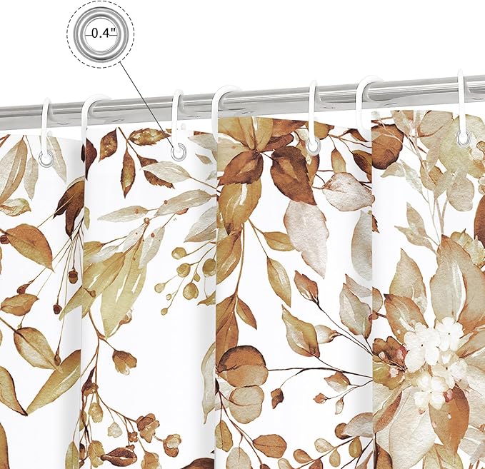 Gibelle Small Stall Shower Curtain 36 x 72, Narrow Brown Floral Shower Curtain for Bathroom, Watercolor Plant Eucalyptus Leaves Fabric Shower Curtain Set