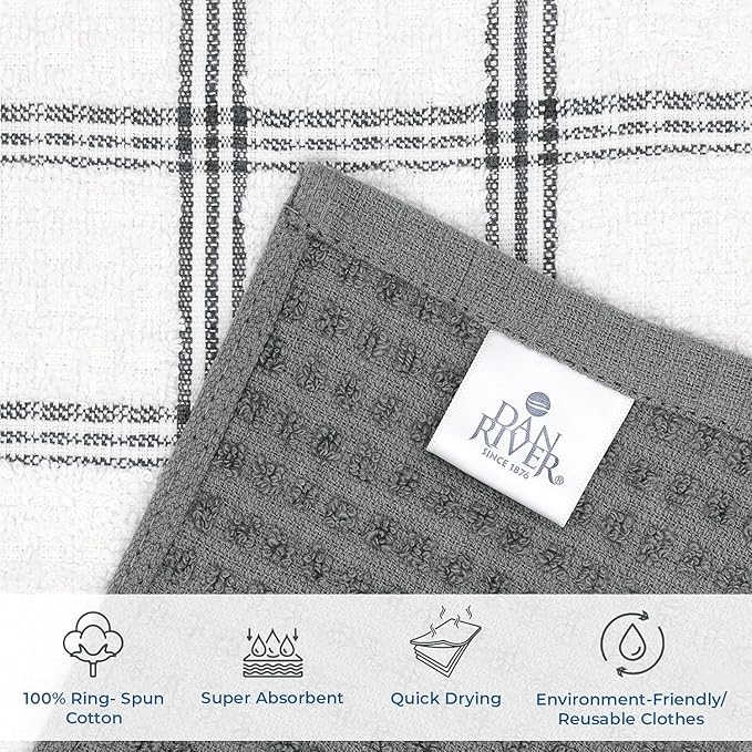 DAN RIVER Premium Dish Cloth 100% Cotton 12 X 12 Inches |Pack of 8|-Ultra Soft Tea Towels-Highly Absorbent Kitchen Rags-Terry Dishcloth for Kitchen and Household Cleaning |Grey|