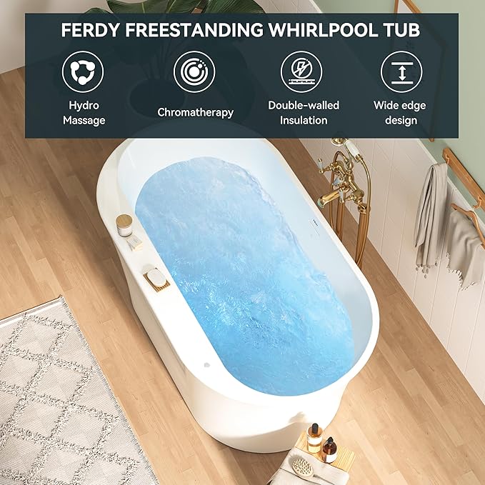 FerdY Mauritius 59 Inch Acrylic Freestanding Whirlpool Bathtub, Oval with 8 Water SPA Jets Morden White Stand Alone Jetted Tub, Luxury Acrylic Free Stand Deep Soaking Bath Tub
