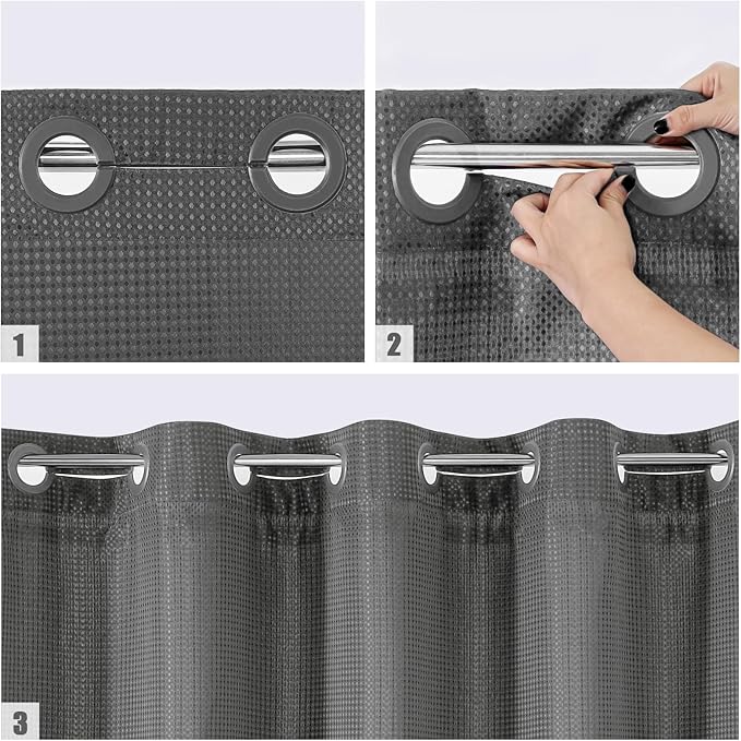 MitoVilla No Hooks Needed Extra Long Shower Curtain Liner Set, Grey 86 inch XL Heavyweight Waffle Fabric Cloth Shower Curtains Set with Snap-in Liner for Modern Luxury Hotel & Spa Bathroom Decor