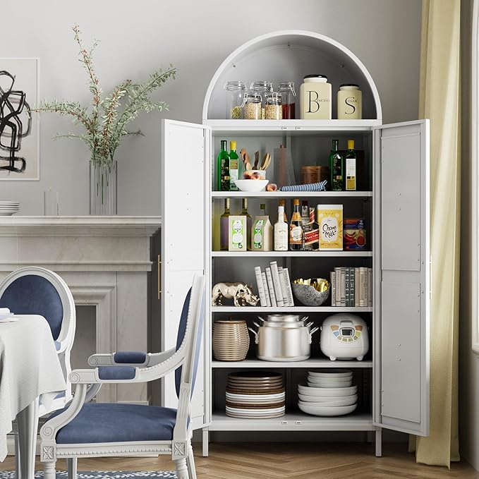 Farmhouse Kitchen Pantry Cabinet, 73in Tall Arched Storage Cabinet with Doors and Shelves, White Freestanding Cupboard for Laundry, Dining Room, Living Room, Bathroom