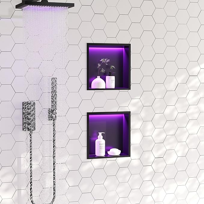 RGB LED Light Shower Niche, Matte Black 12X12 in Stainless Steel Recessed Storage with Remote Control, Waterproof No Tile Needed Wall Niche for Bathroom Storage Built-in Installation