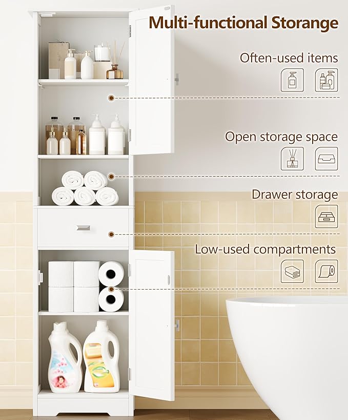 Akxoml Tall Bathroom Storage Cabinet with 2 Doors, 67" H Narrow Floor Cabinet with Adjustable Shelves and Drawer, Anti-Tip Design, 11.8 x 12.6 x 66.9 Inches, for Bathroom, Kitchen，Entryway, White