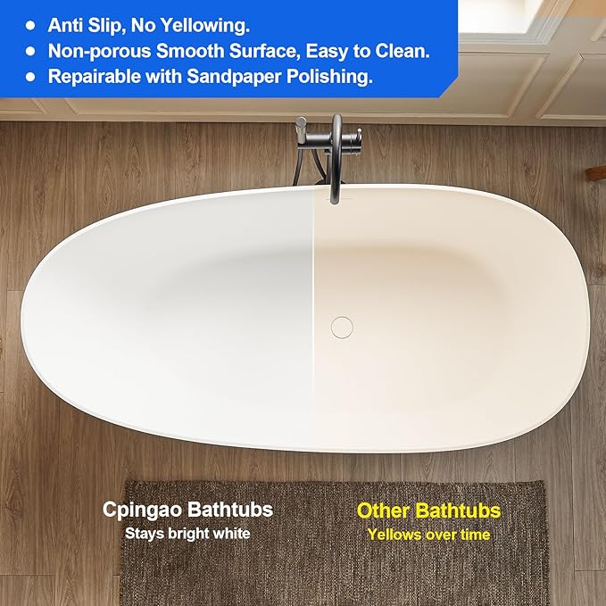 Cpingao 63" Stone Resin Freestanding Bathtub, Oval Solid Surface Contemporary Soaking Tub, Matte White Flatbottom Tubs with Overflow and Pop-up Drain, cUPC Certified 8848-1600