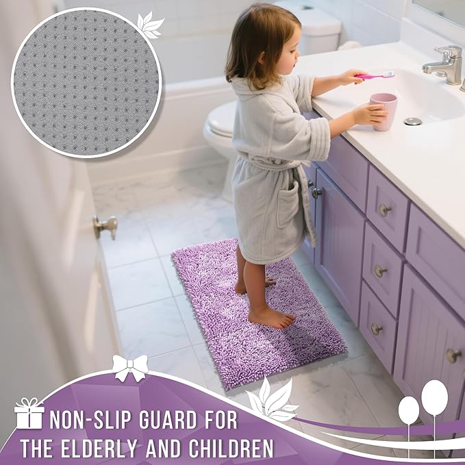 Yimobra Chenille Bathroom Rugs Non Slip, Extra Thick Soft Absorbent Bath Rug, Machine Washable Quick Dry Bath Mat for Bathroom Floor, Tub and Shower, Home Decor Accessories, 24x17, Lilac