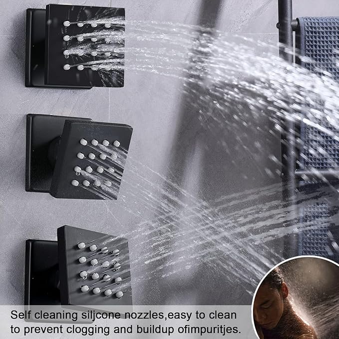Thermostatic Shower System Matte Black Shower Faucet Set, Four Modes Shower Faucet with 4 PCS Body Jet, Handheld Spray, Ceiling Mount 12 inch Shower Head with 8 inch Wall Mount Shower Head