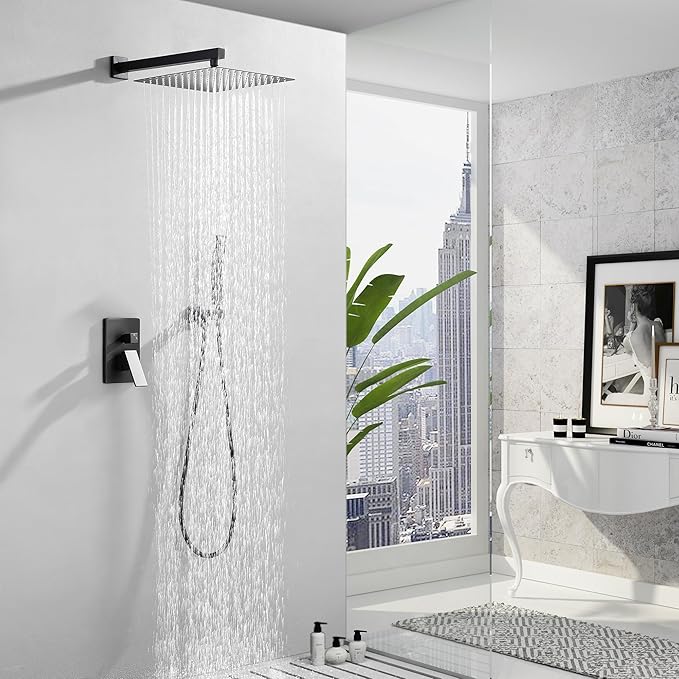 WELLFOR Matte Black 10-in Wall Mounted Shower Faucet Set with 2-way Diverter & Pressure-balanced Valve Dual Head Built-In Shower Faucet System, 2.5 GPM, Bathroom Shower Faucets Sets Complete