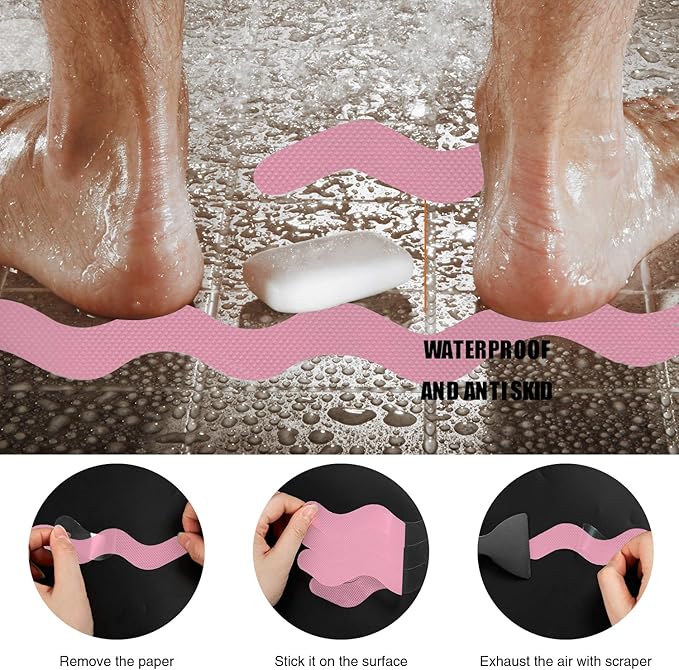 Anti Slip Shower Stickers, Adhesive Decals Safety Strips Scraper for Bath Tub, Shower, Stairs, 24 Pieces (Pink)