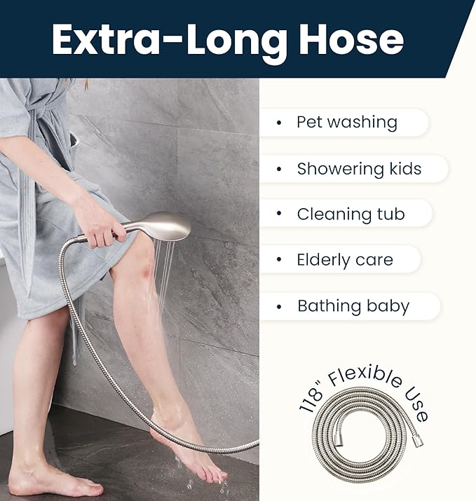 BRIGHT SHOWERS Extra Long Shower Hose 118 Inches – Stainless Steel Handheld Shower Hose with Brass Connectors, Anti-Kink, Leak-Proof, Easy to Install, Fits Most Shower Heads, Brushed Nickel