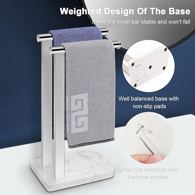 NearMoon Hand Towel Holder with Balanced Marble Base, SUS304 Stainless Steel Stand Towel Ring L Shape Hand Towel Rack Free-Standing Towel Bar for Bathroom Kitchen Countertop (Double Rod, Chrome)