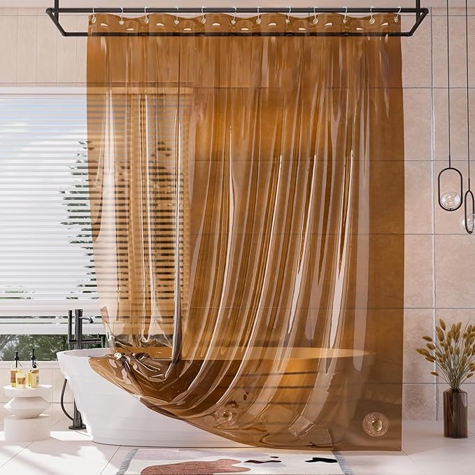 AmazerBath Extra Long Shower Curtain Liner, 100% EVA Clear Amber Heavy Duty 84 inch Shower Curtain and Liner 2-in-1, 72x84 Plastic Weighted Bathroom Shower Liner, 12 Grommets & 3 Heavyweight Stones