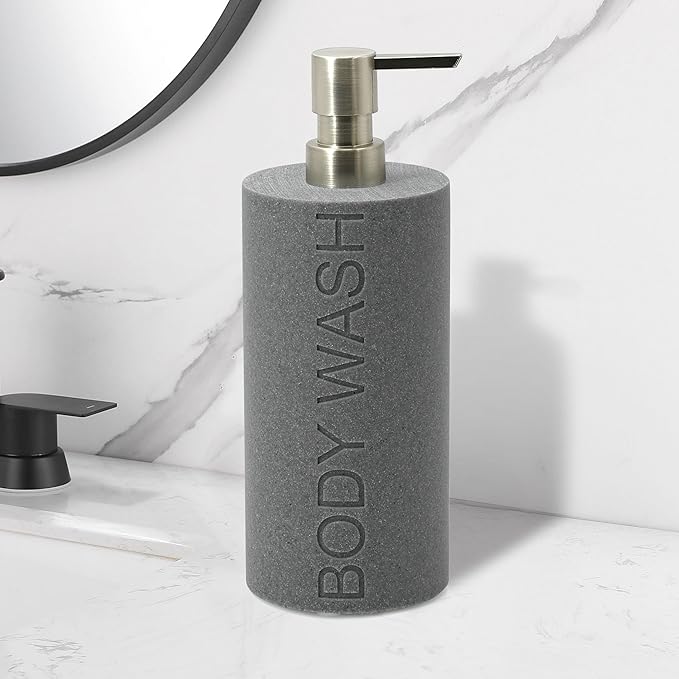Resin Neutral Gray Sandstone Body Wash Engraved Bottle Refillable Pump Dispenser, Durable Waterproof Resin Construction for Bath, Shower - Gray Sandstone Satin Nickel Pump