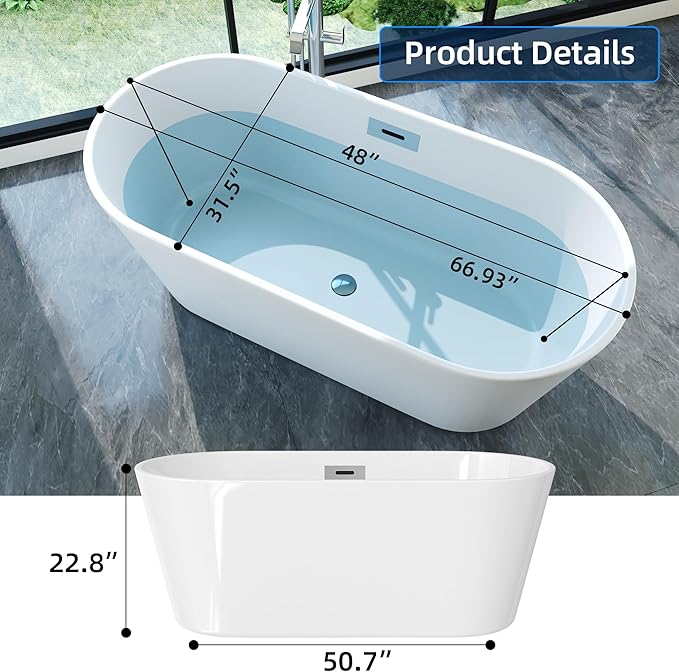 67'' Acrylic Freestanding Bathtub, Modern Soaking Tub, Deep Upright Bath, Non-Slip, cUPC Certified, Chrome Drain, Easy Clean, Spa Experience for Contemporary Bathroom Design