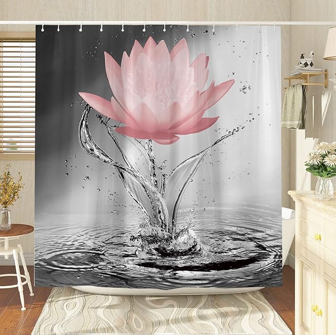 Lotus Shower Curtain Black White Grey Red Flower Elegant Blooming Floral with Dew Spring Flower Reflection on Water Modern Romantic Polyester Fabric Bathroom Decor 70×96 Inch with Hook