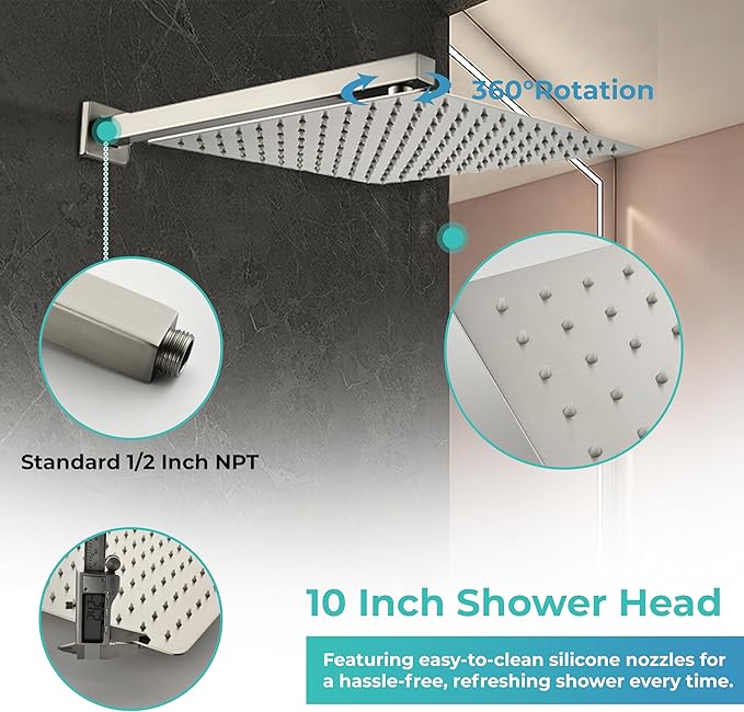 WELLFOR Wall Mounted Shower Faucet Set, Bathroom Showers Faucets, Shower System With 10" Square Rain Shower Head and Handheld, 2.5 GPM, Rough in Valve, Hot Cold Water, Single Handles (Brushed Nickel)