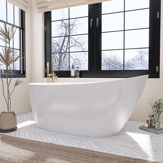 59" Free Standing Tub, Pure Acrylic Freestanding Bathtub, Stylish Stand Alone Contemporary Deep Soaking Bath Tub, cUPC Certified SY9950 (Glossy White)